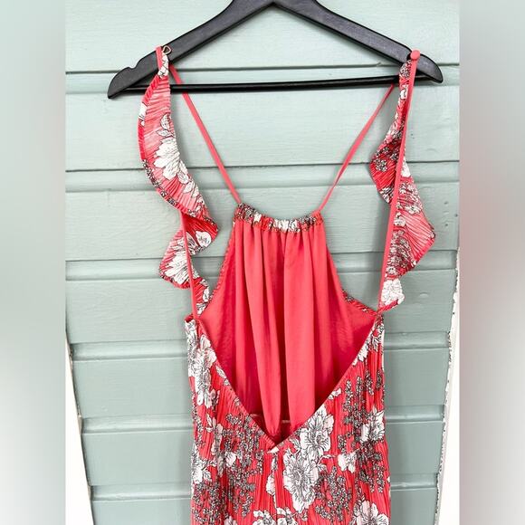 Free People Fresh Fields Pleated Jumpsuit Orange white floral crinkle flutter L - Picture 7 of 16